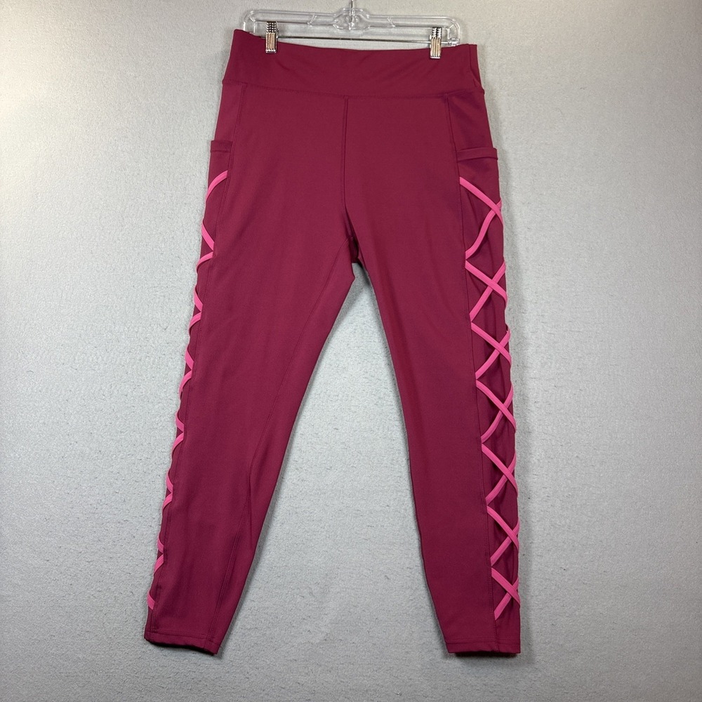 POP Fit Raspberry Leggings with Pockets Criss Cross‎ Design Sides Size 2XL Yoga